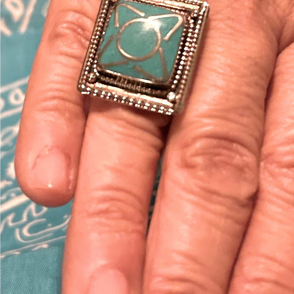 Silver Square Gemstone Turquoise Ring - image 2